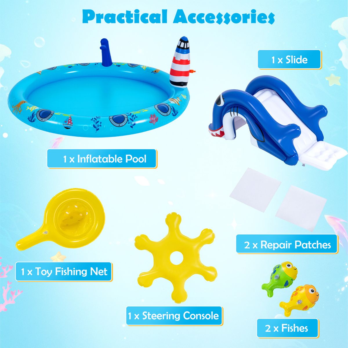 Piscine gonflable pour enfants Coast - Espace de jeux aquatiques sur le thème de la mer - Toboggan en forme de requin et jet d'eau - Multicolore 188 x 153 x 63 cm