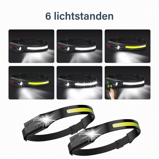 Lampe frontale LED rechargeable - 2 Pack - 6 positions - Réglable - 150 mètres - Lampe frontale pour le camping - Style militaire - Etanche - Proskill