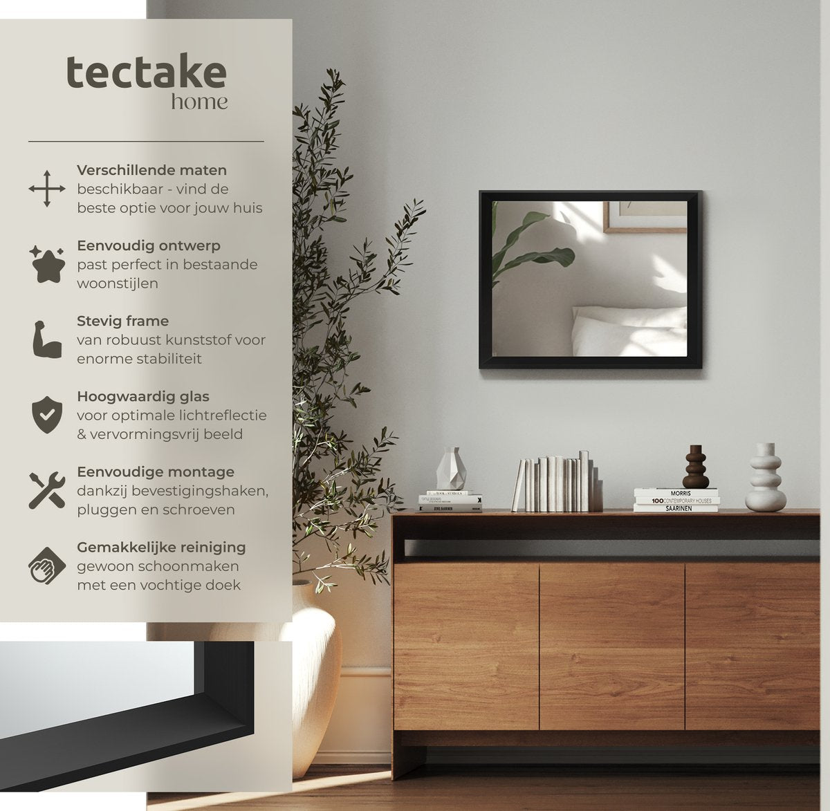 tectake® Miroir mural Elina - 40,6 x 50,8 cm - Noir - Cadre plastique rectangulaire