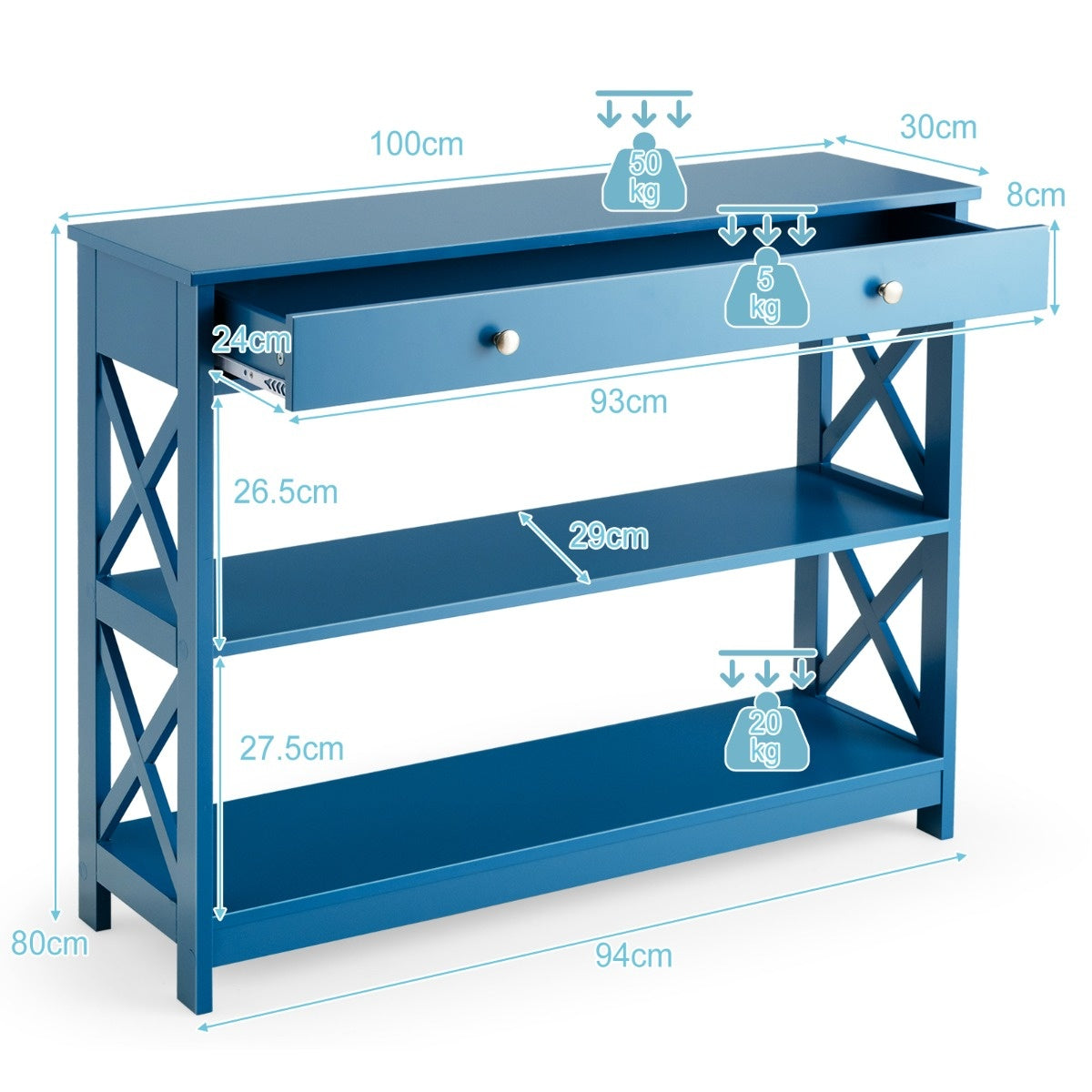 Côte 3 TABLE CONSOL NIVEAS AVEC PLATEAU & 2 étagères et pieds en X bleu