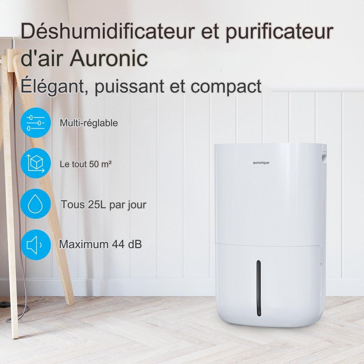 Déshumidificateur 2-en-1 – Auronic – Purificateur d’air – 60 m² – Réservoir 5 L – Affichage intuitif – Tuyau d’évacuation inclus - blanc