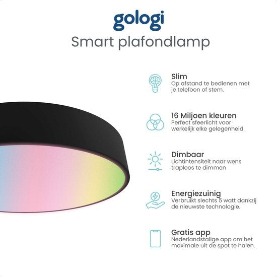 Gologi Smart Ceiling Lamp Black - Plafonniers - LED RGB - Industriel - Plafonnier - Chambre à coucher et salon - Plafonnier noir - 30cm