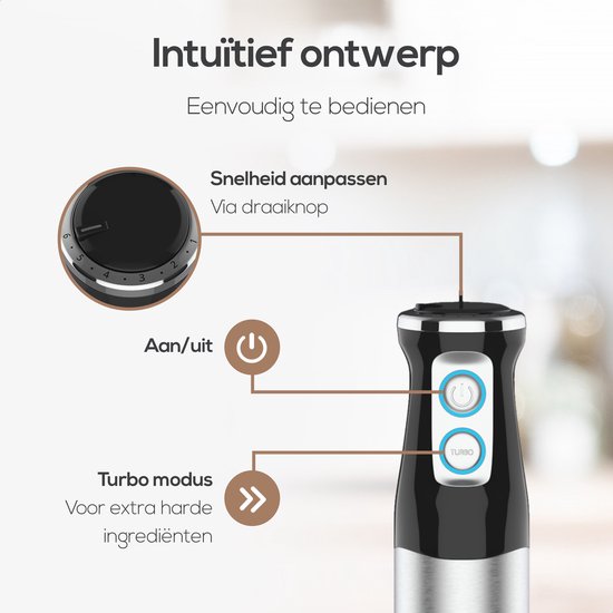 KitchenLove Mixeur plongeant - 800W - 6 vitesses + Turbo - Noir/RVS