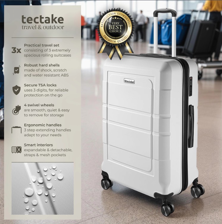 Ensemble de valises Tectake Brice, 3 pièces – L, M et S – ABS – Roulettes à 360° – Cadenas TSA – Blanc