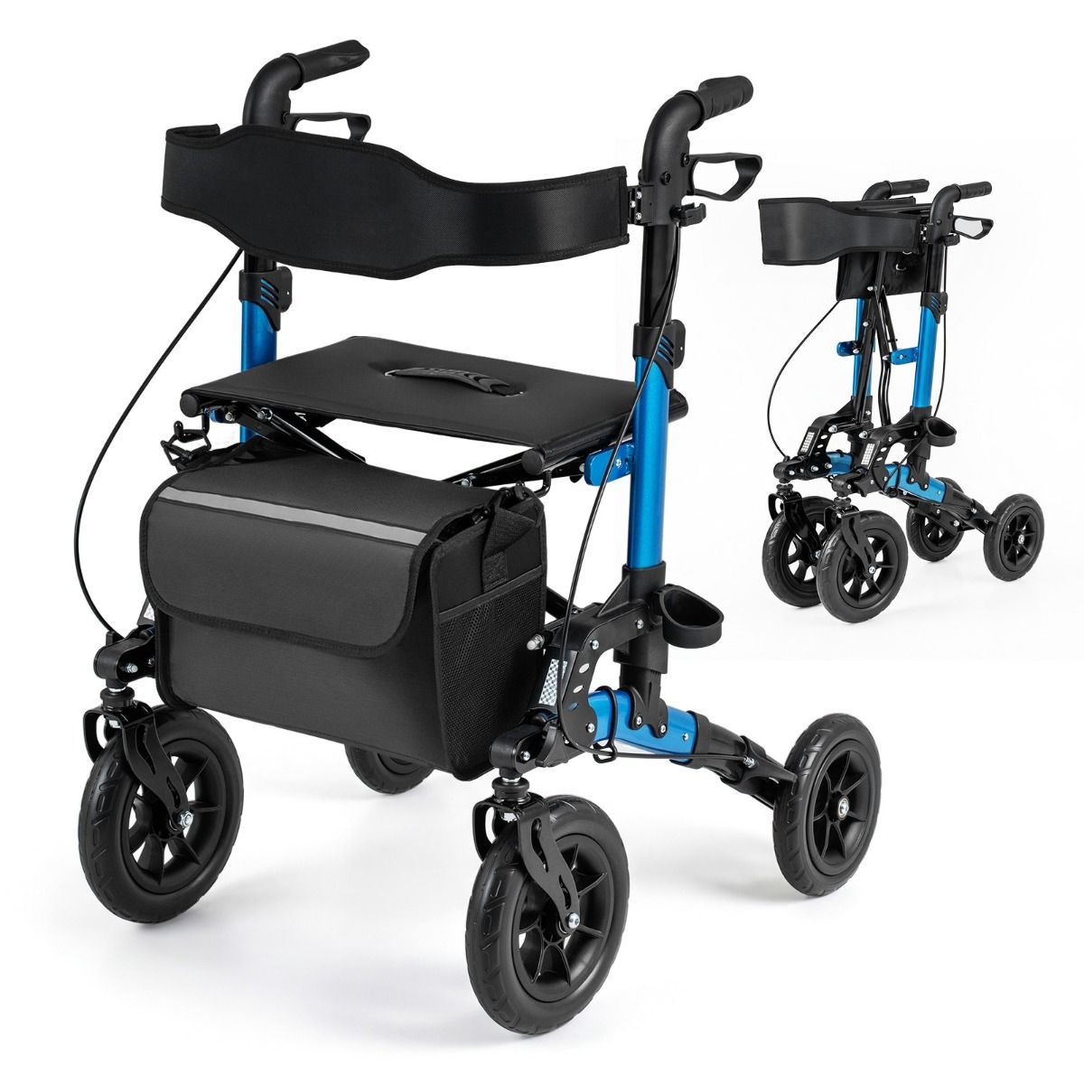 Rollator pliable Coast pour seniors - Siège avec dossier en filet - Grandes roues et porte-canne - bleu