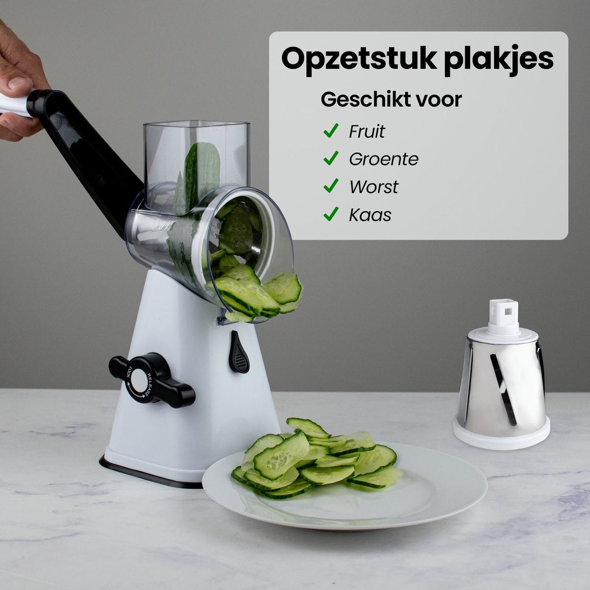 Râpe à tambour Nimma - Comprend 3 accessoires et un couteau en spirale - convient comme moulin à fromage et râpe - Blanc