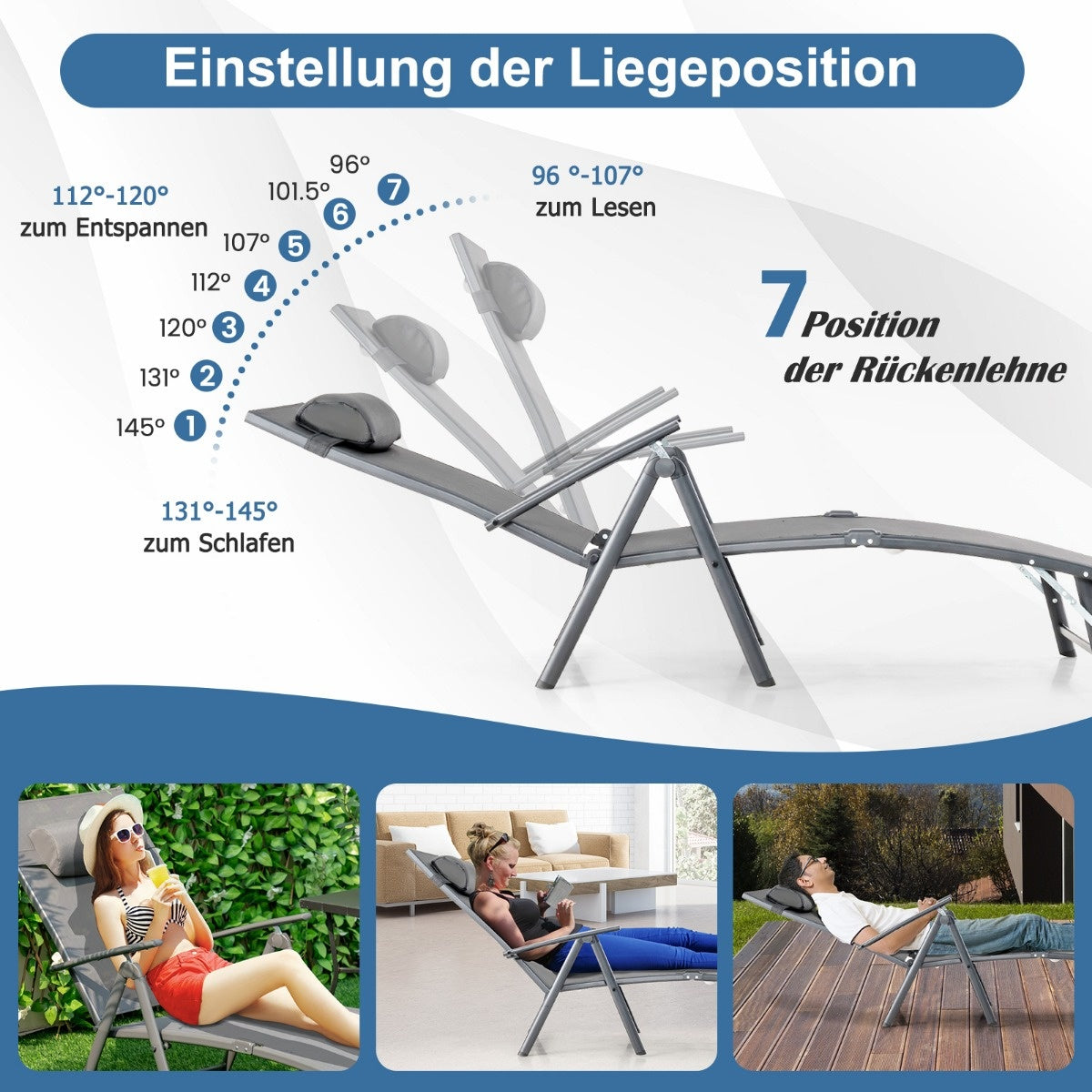 Coast Bain de soleil Bain de jardin avec appui-tête 7 dossiers réglables gris