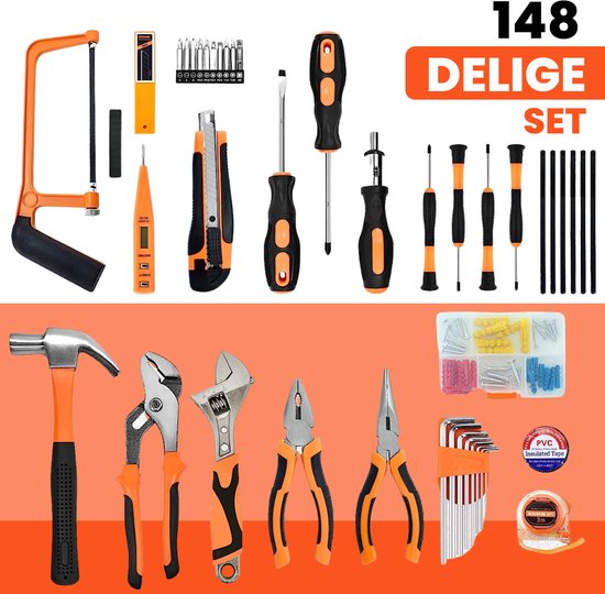 Mallette à outils Vertrex remplie - Outils - Set d'outils - Mallettes à outils - Jeu de tournevis - Ruban à mesurer - Marteau - Jeu d'embouts - Jeu de clés Allen - Tendeur - Scie - Couteau Stanley