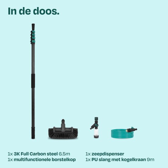 Brosse de lavage télescopique VONROC PRO 3K entièrement en carbone – 6,5 m – Avec tête de brosse à 5 pans, tuyau d'arrosage de 9 m et distributeur de savon