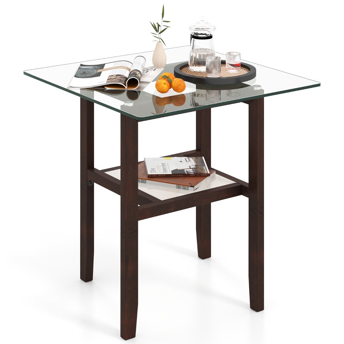 Coast Square Glass Side Table 61x61x62.5 cm Brown with Rubberwood Frame and Two Storage Levels