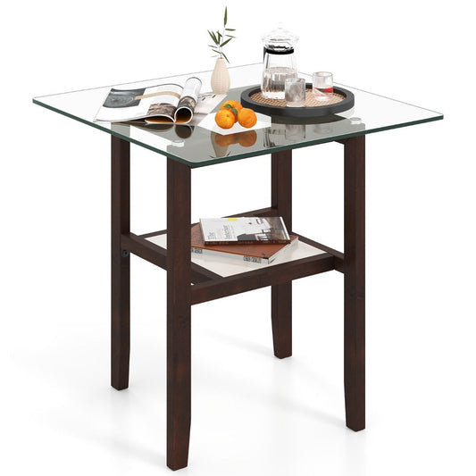 Coast Square Glass Side Table 61x61x62.5 cm Brown with Rubberwood Frame and Two Storage Levels