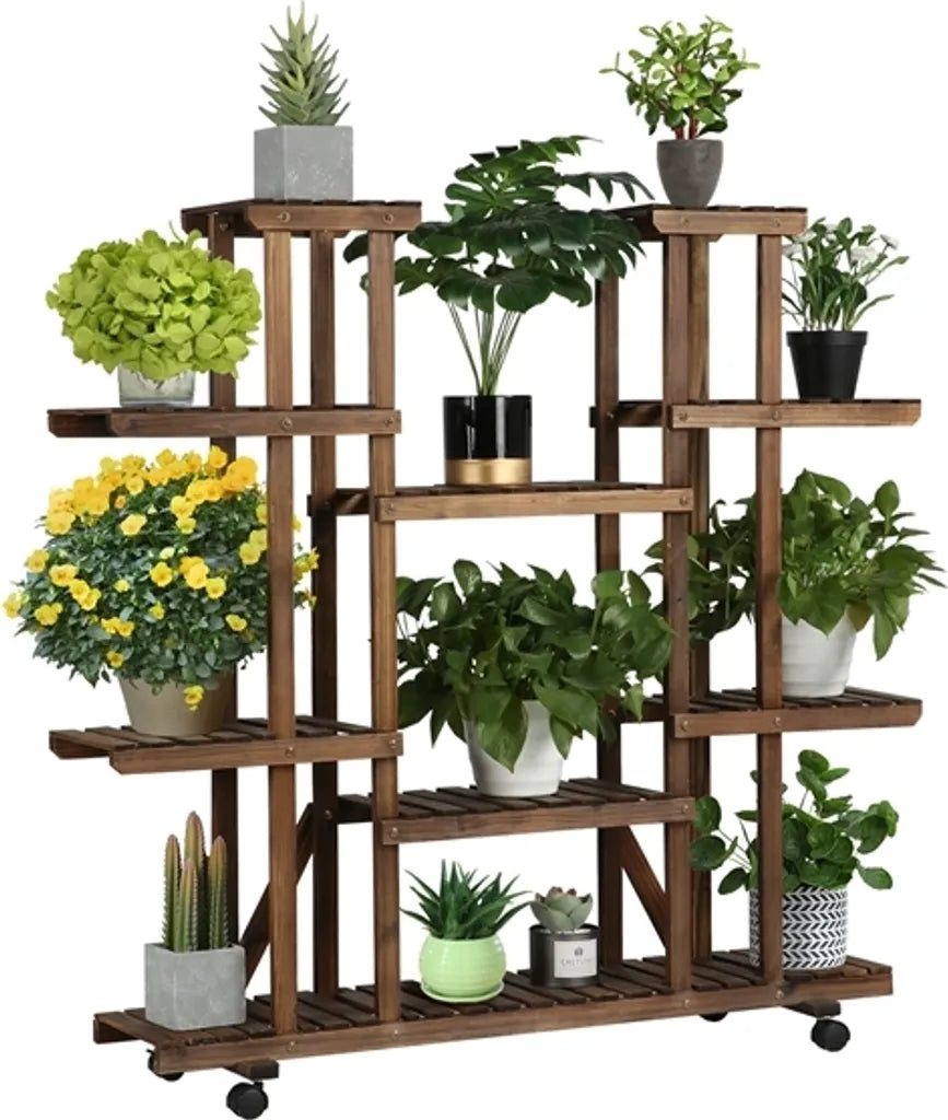 Yaheetech Plant Stand Brown - Support à fleurs en bois avec roues - 124.5 x 33 x 120 cm