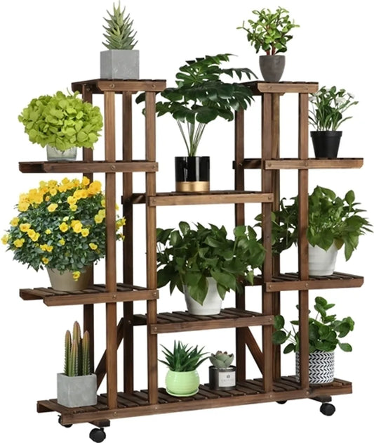 Yaheetech Plant Stand Brown - Support à fleurs en bois avec roues - 124.5 x 33 x 120 cm