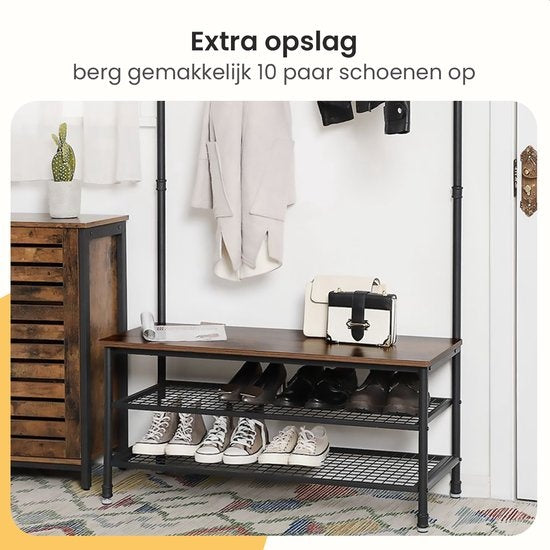 Goliving Porte-manteau XL - Porte-manteau - Porte-chaussures - Montant - Armoire industrielle - Métal/Bois - 100 x 41,5 x 182 cm - Marron/Noir