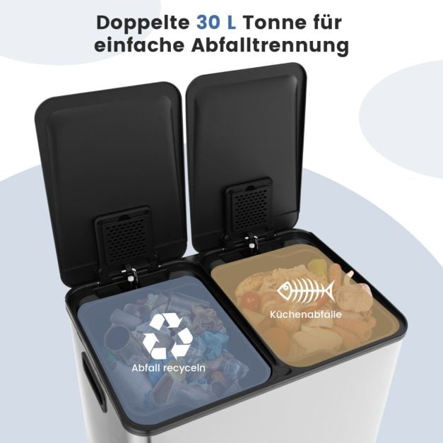 Coast Trashcan Black/Silver - Poubelle à 2 niveaux avec pédales de fermeture douce - 2 x 30L