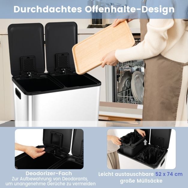 Coast Trashcan Black/Silver - Poubelle à 2 niveaux avec pédales de fermeture douce - 2 x 30L