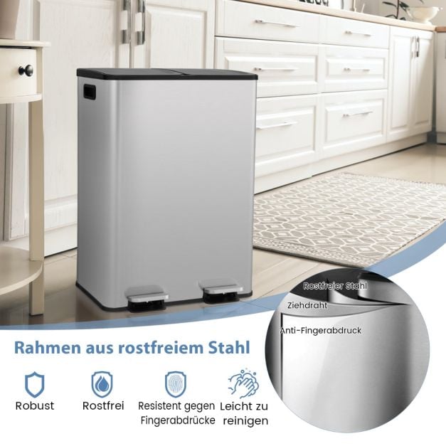 Coast Trashcan Black/Silver - Poubelle à 2 niveaux avec pédales de fermeture douce - 2 x 30L