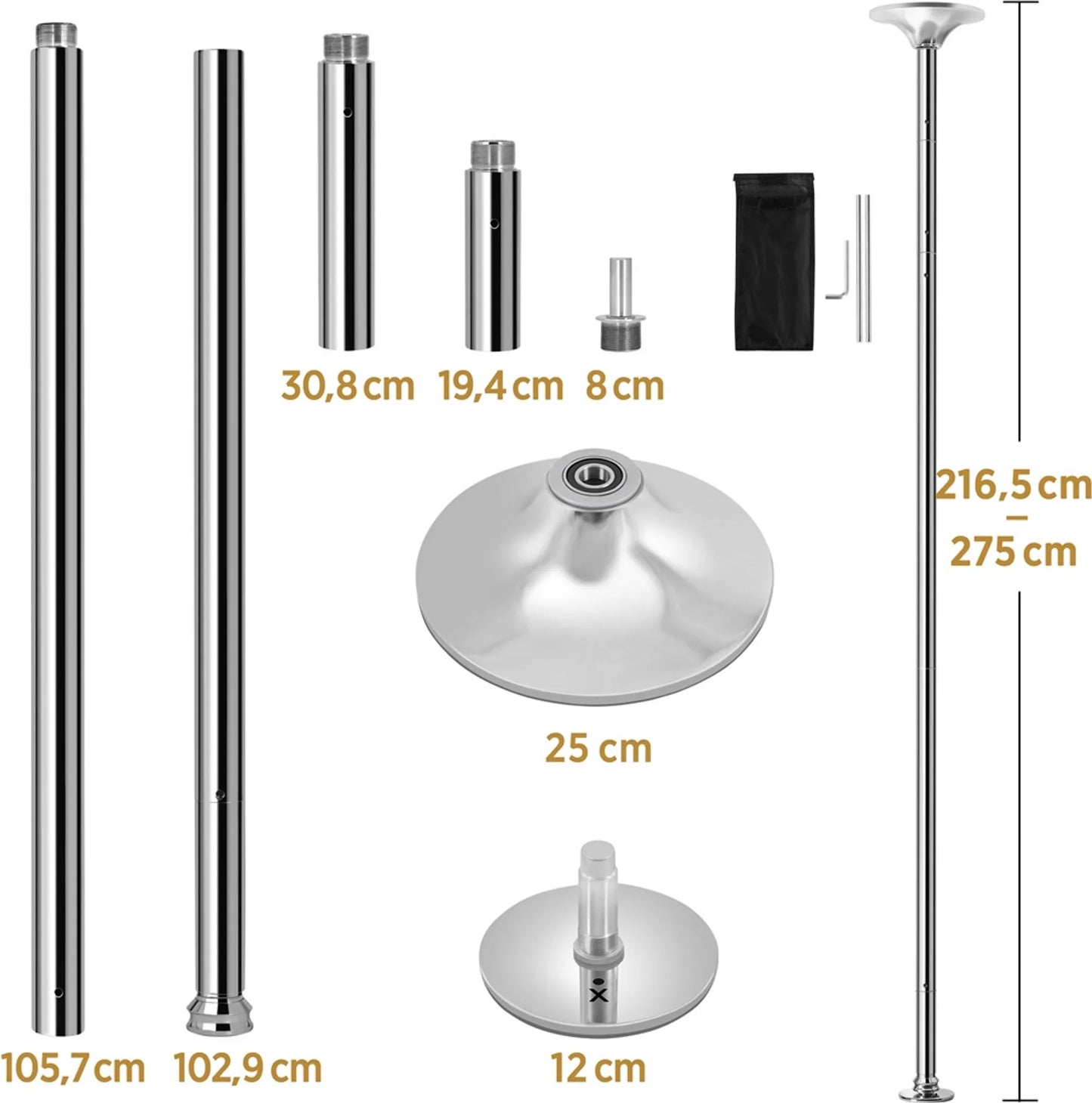 Yaheetech Dance Pole Ajustable - Comprend un support statique et rotatif, une protection en caoutchouc de silicone et 2 tiges d'extension - Pour la maison et le fitness - Métal chromé argenté - 25 x 25 x 216.5-275 cm