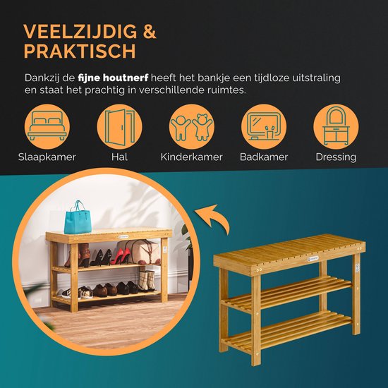 Casaria Shoe Rack - Banc 3 étagères 90x33x46cm - Bois d'acacia