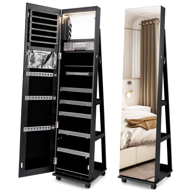 Coast Jewellery Cabinet Black - Armoire de toilette verrouillable avec miroir de maquillage LED - 40 x 38 x 163 cm