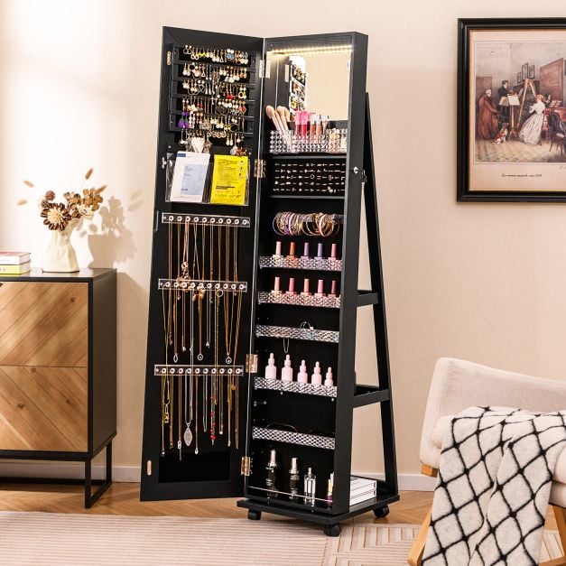 Coast Jewellery Cabinet Black - Armoire de toilette verrouillable avec miroir de maquillage LED - 40 x 38 x 163 cm