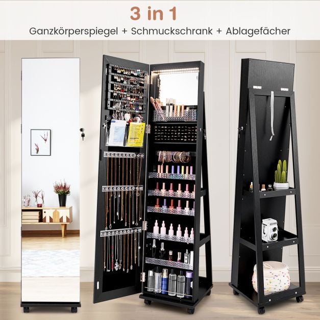 Coast Jewellery Cabinet Black - Armoire de toilette verrouillable avec miroir de maquillage LED - 40 x 38 x 163 cm