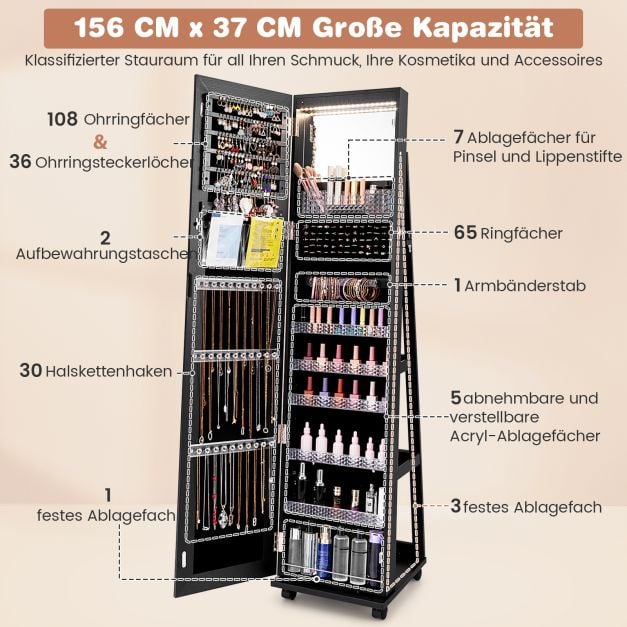 Coast Jewellery Cabinet Black - Armoire de toilette verrouillable avec miroir de maquillage LED - 40 x 38 x 163 cm