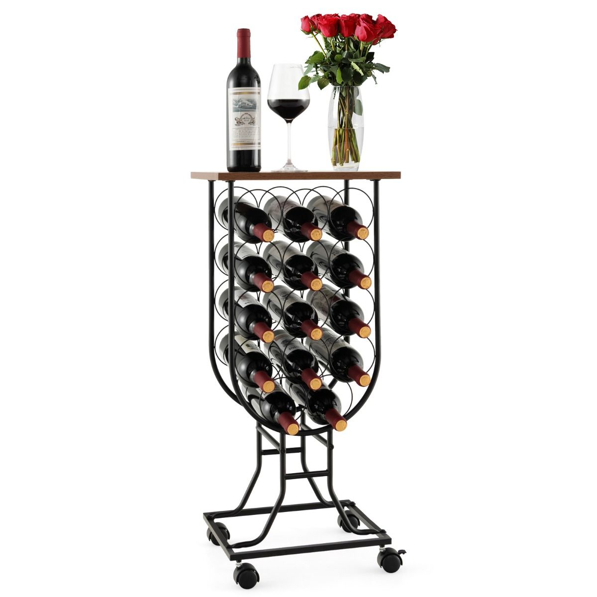 Chariot de service avec 14 porte-bouteilles - 8 x 30 x 82 cm - Marron + Noir