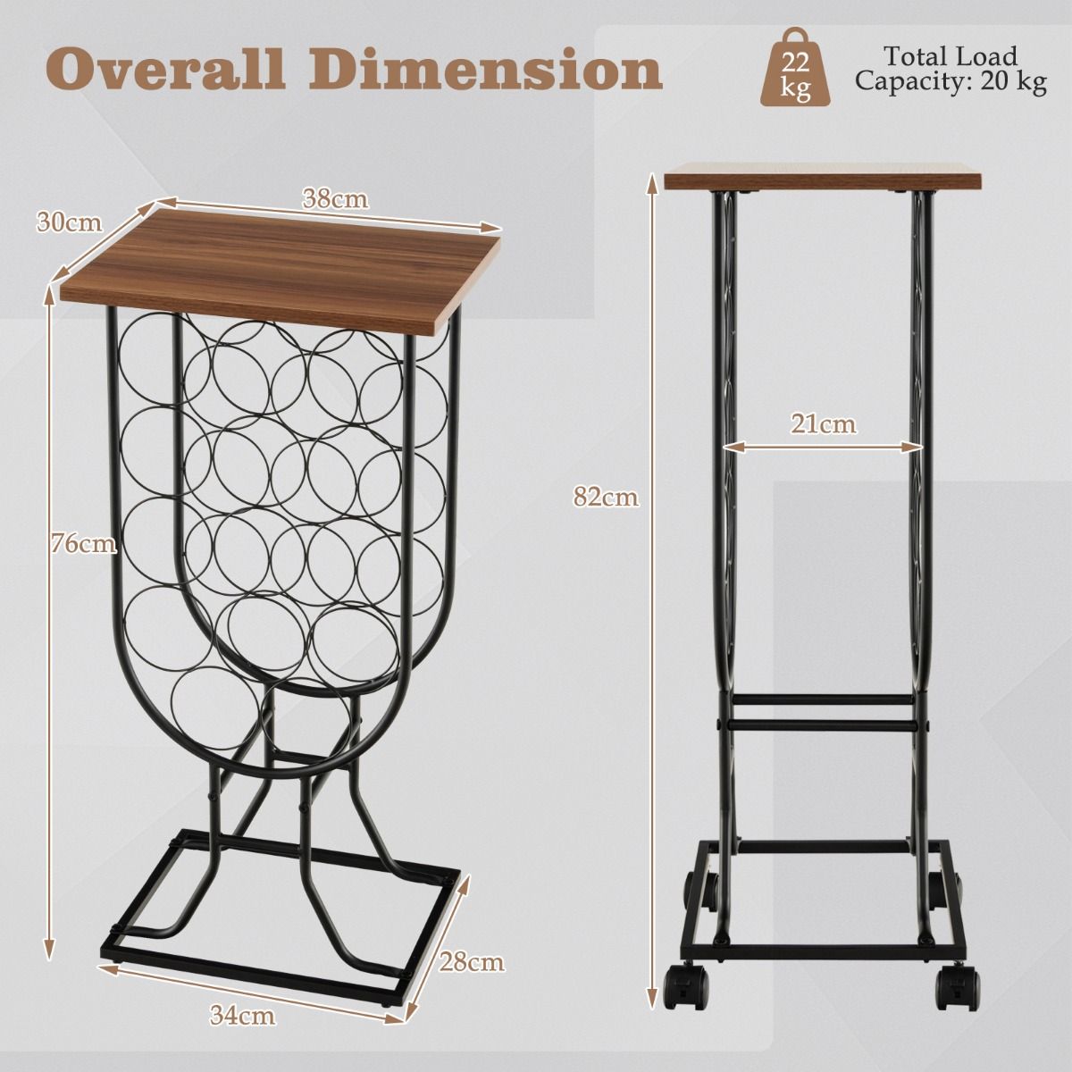 Chariot de service avec 14 porte-bouteilles - 8 x 30 x 82 cm - Marron + Noir