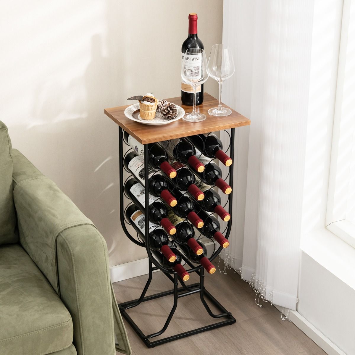 Chariot de service avec 14 porte-bouteilles - 8 x 30 x 82 cm - Marron + Noir