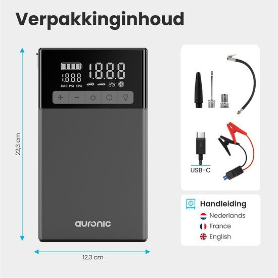 Auronic Jumpstarter - avec compresseur - 12V - 1500A - 16,000 mAh - Aide au démarrage 6-en-1 - Sac de rangement et accessoires inclus - Noir/Gris