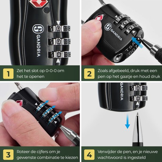 Cadenas de voyage Gandria - serrure TSA - serrure de voyage 3 pièces - serrure à 3 chiffres - serrure de valise à 3 chiffres - acier allié au zinc