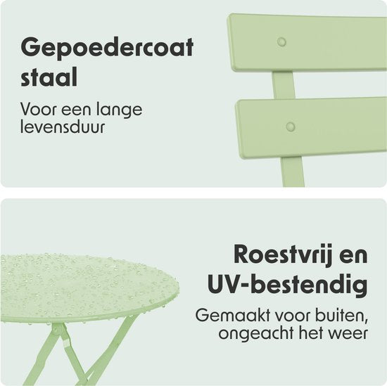 LifeGoods Ensemble bistro - Acier - 3 pièces - Ensemble de jardin - Pliant - Ensemble de balcon avec table - Résistant aux intempéries - Vert menthe