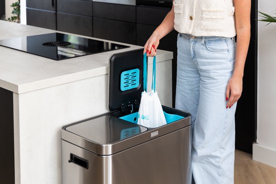 Deleca Recycle Waste Bin with 2 Compartments - 60 Liter (2x30) Waste Bin - Waste Separation / Deposit Container / Pedal Bin - Garbage Bin with FreshAura Odour Control - Slow Close - Stainless Steel Silver