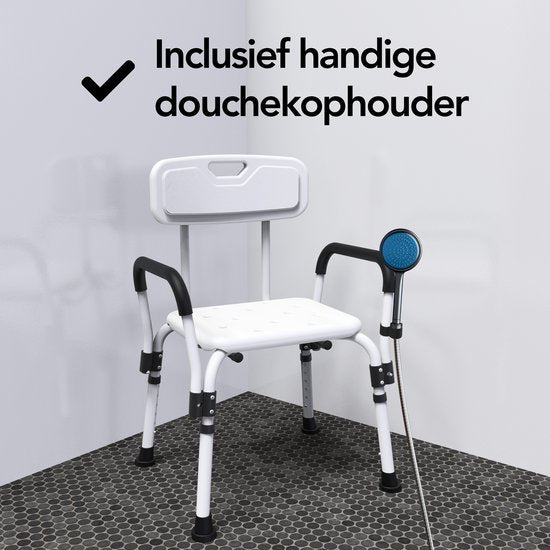 Chaise de douche Brixy avec dossier et accoudoirs amovibles - Antidérapante - Hauteur réglable - Poids max. 150 kg - Tabouret de douche