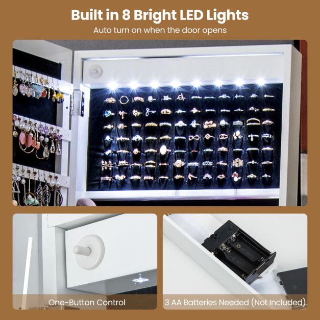 Armoire à bijoux avec miroir - Coast - LED - Blanc/Noir - 3 piles AA - 41x35x160 cm