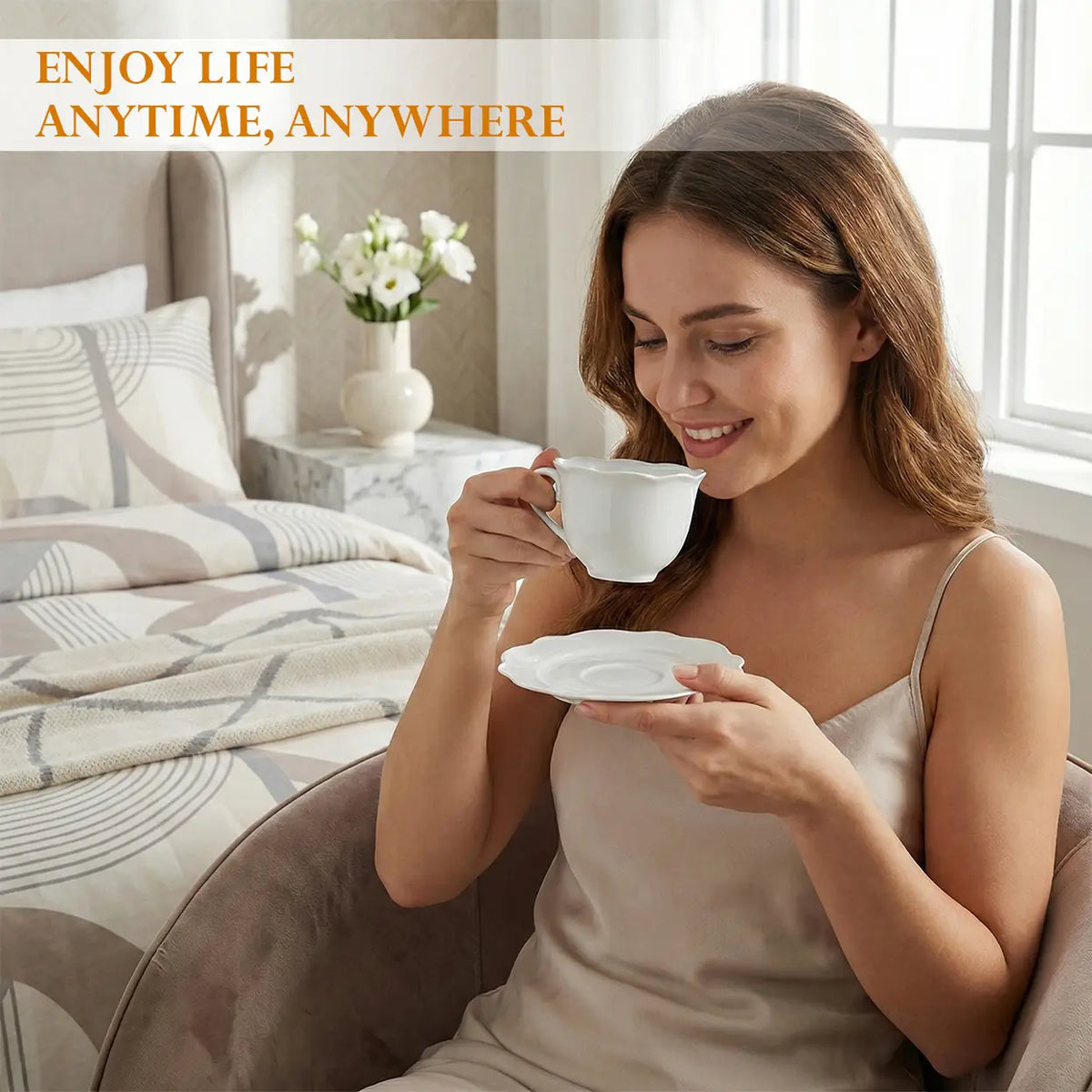 Service en céramique blanc élégant, 8 pièces - 4 tasses avec soucoupes - Design rond - Pour un usage quotidien