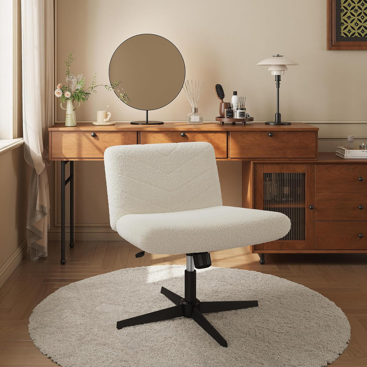 Chaise de bureau ergonomique Yaheetech - Ivoire - Bouclé - Hauteur d'assise réglable - Rotation à 360° - Piètement en croix