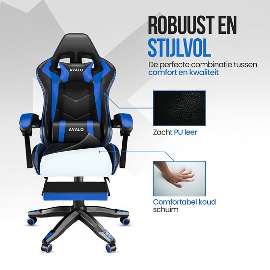 Avalo Gaming Chair - Chaise de jeu - Chaise de bureau ergonomique réglable - Chaise de jeu - Chaise de jeu - Noir/Bleu