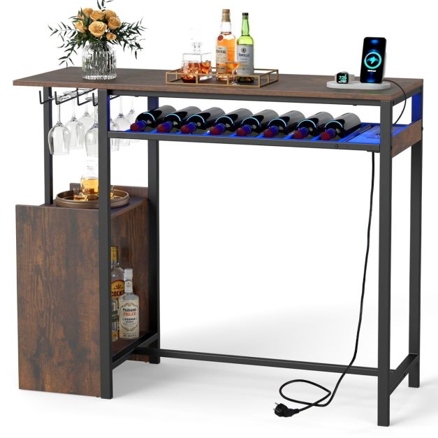 Table de bar Coast avec éclairage RGB et station de recharge – Table haute avec porte-bouteilles, porte-verres et compartiments de rangement – Marron/Noir – 110 cm