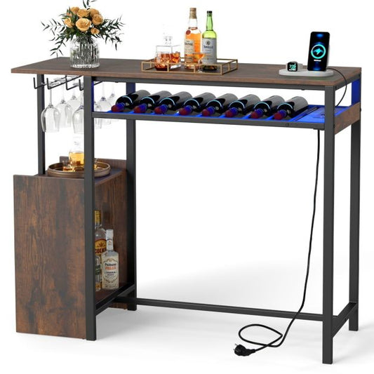 Table de bar Coast avec éclairage RGB et station de recharge – Table haute avec porte-bouteilles, porte-verres et compartiments de rangement – Marron/Noir – 110 cm