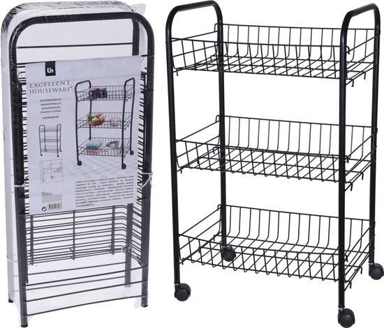 Zwarte keuken trolley met manden op wielen 39 x 23 x 64 cm