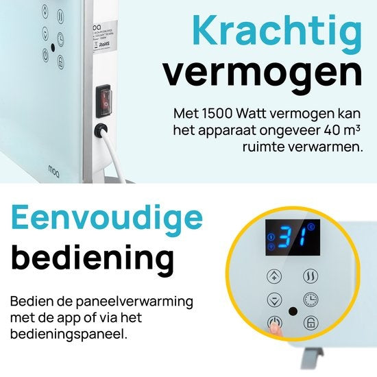 MOA Smart Glass Panel Heater with WiFi - Chauffage électrique - Convecteur - Panneau chauffant - Chauffage portable - Blanc - PH15W