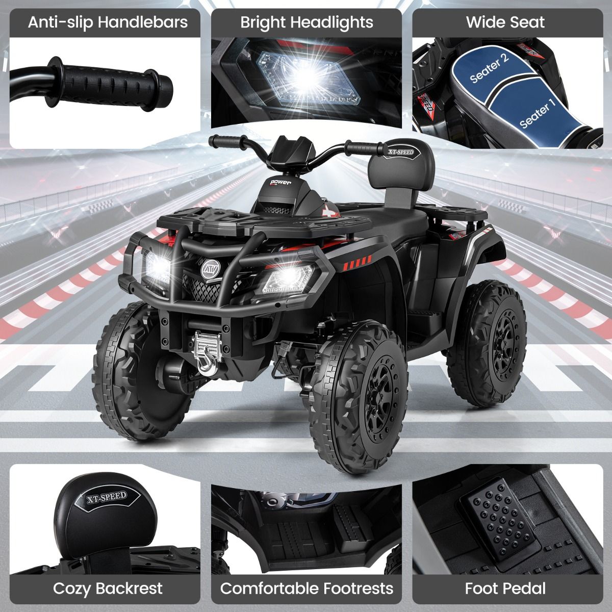 Quad électrique pour enfants Coast - 2 places - 4 moteurs - noir