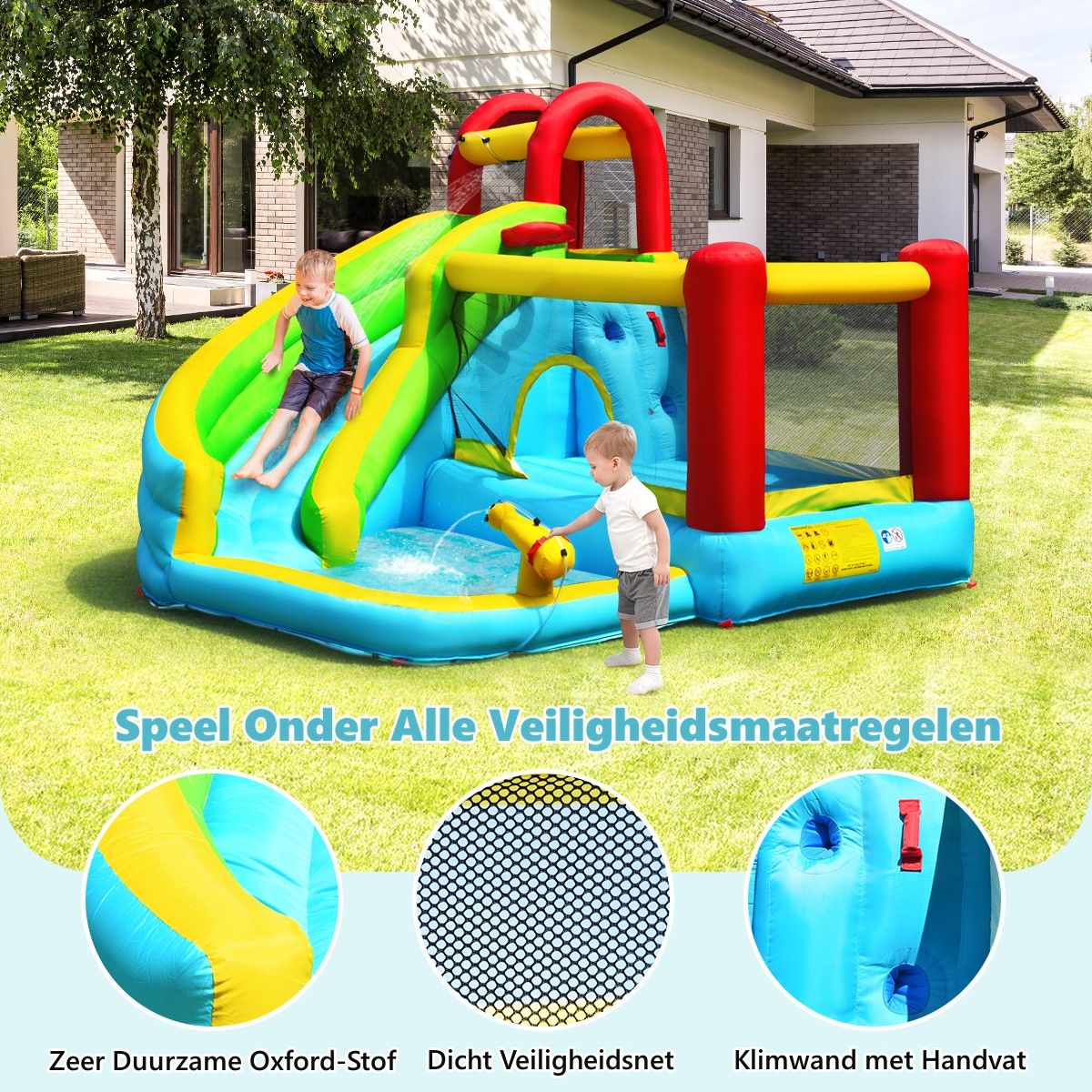 Château gonflable Coast 6-en-1 - Toboggan incurvé - Mur d'escalade et canon à eau - 320 x 305 x 213 cm