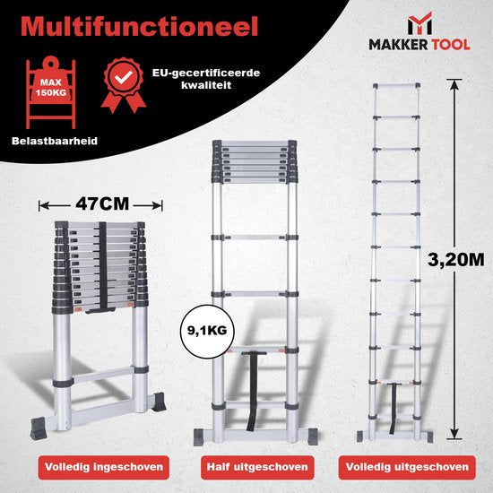 Échelle télescopique Makker Tool 3,2 mètres – Pied stabilisateur et fermeture en douceur