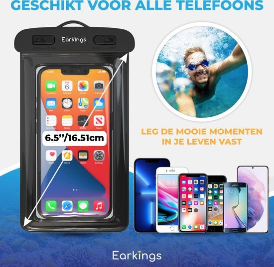 Etuis de téléphone étanches - Drybag Set of 2 - Etui de téléphone sous-marin pour tous les téléphones - Etui de téléphone étanche Earkings - Noir & Bleu