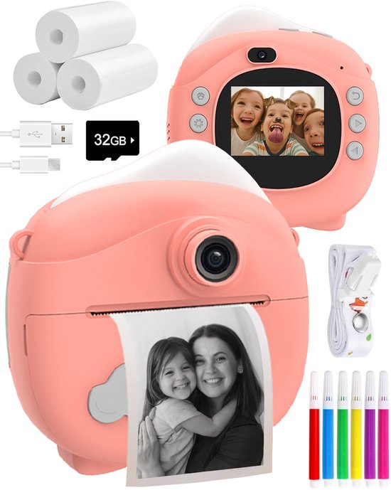 ODESSEY Caméra pour enfants avec imprimante - Full HD - Caméra Selfie - Carte SD 32GB - Photo - Vidéo - Jeux - Caméra numérique pour enfants - Caméra photo pour enfants - Rose