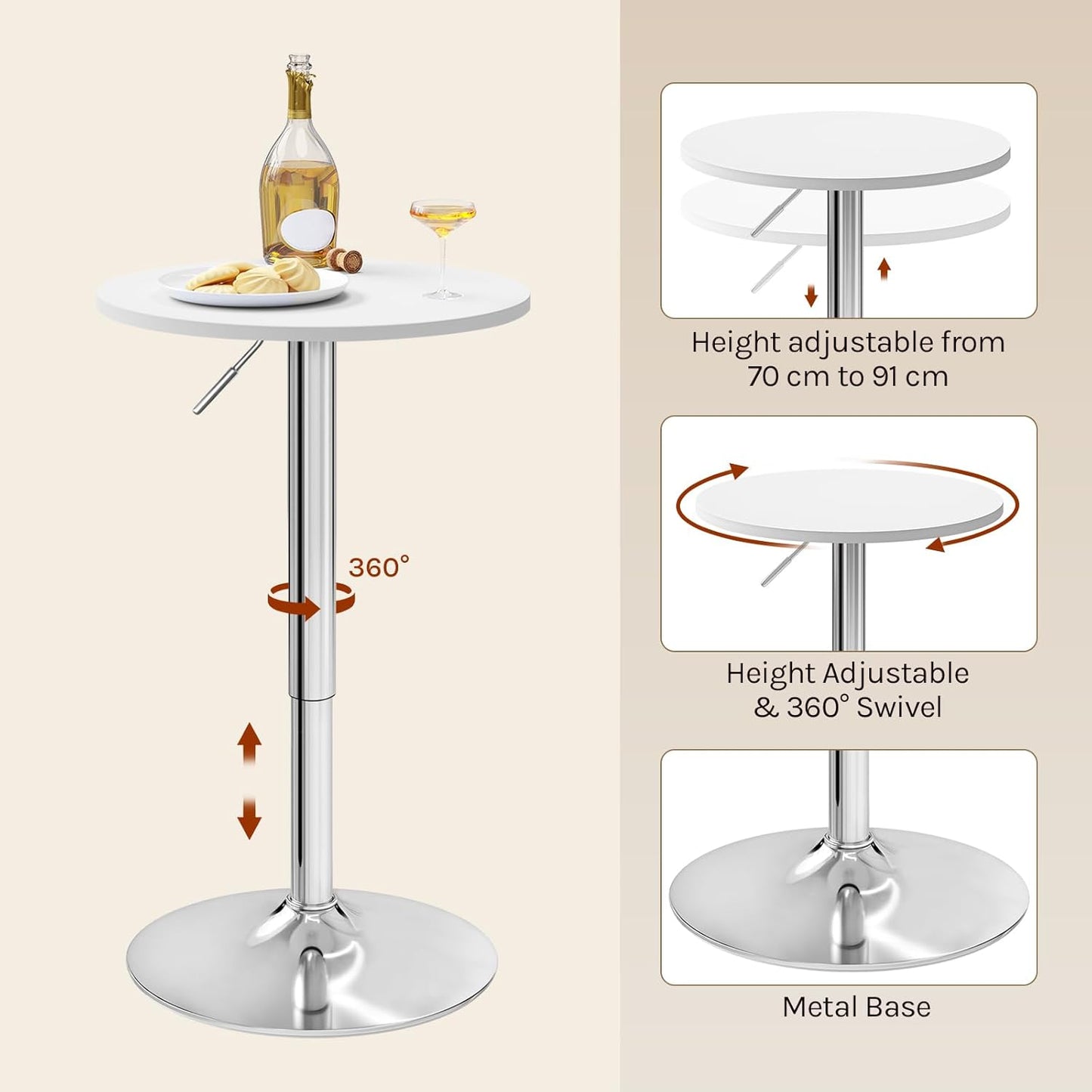 Table de bar réglable WOLTU - Ø 52 cm - Hauteur 70-91 cm - Pivotante - Pied chromé Ø 45 cm