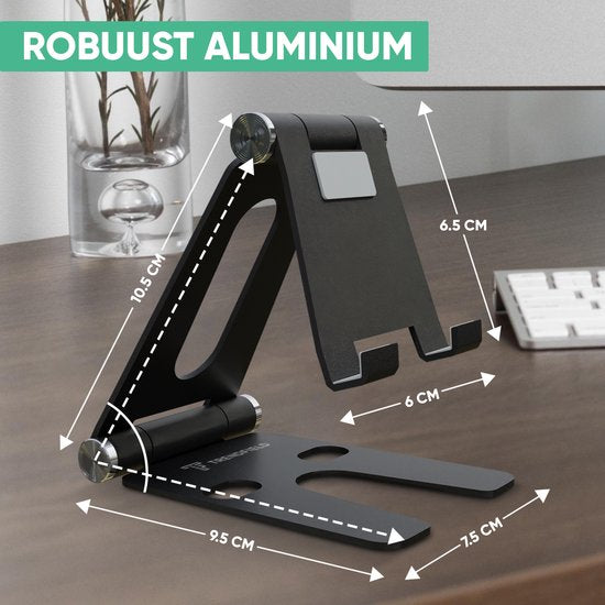 Serve Phone Stand XL - Support en aluminium pour téléphone portable et tablette - Support de téléphone pour bureau - Support de téléphone pliable TTH105 - Noir